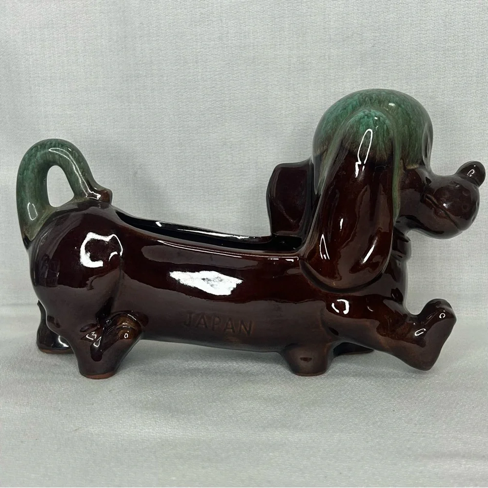 Vintage RedWare Terracotta Dachshund Planter Dresser Caddy Weiner Dog Dish 8”x5”